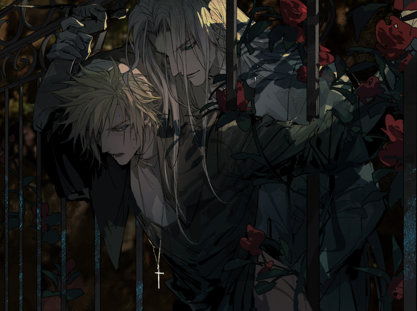 2boys, alternate_universe, blonde_hair, blouse, cloud_strife, collared_shirt, cross, cross_necklace