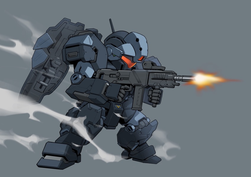 absurdres, assault_visor, dated_commentary, deformed, firing, grey_background, gun, gundam