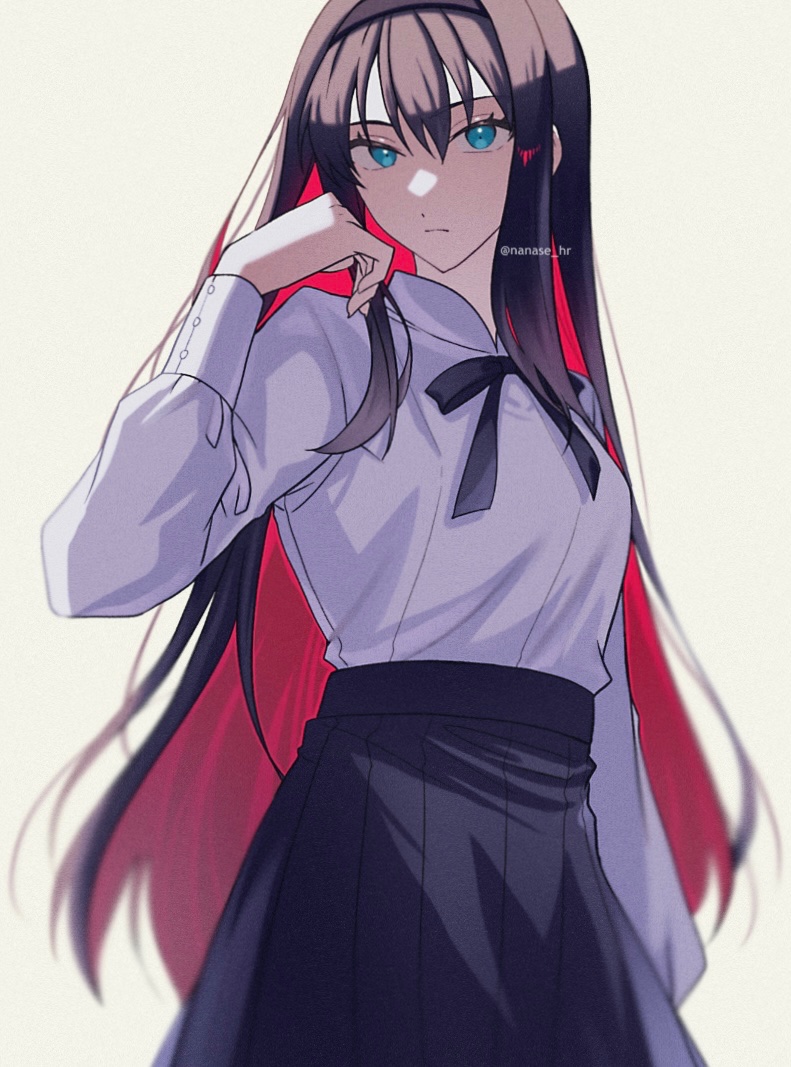 1girl, black_hair, black_hairband, black_ribbon, black_skirt, blouse, blue_eyes, closed_mouth