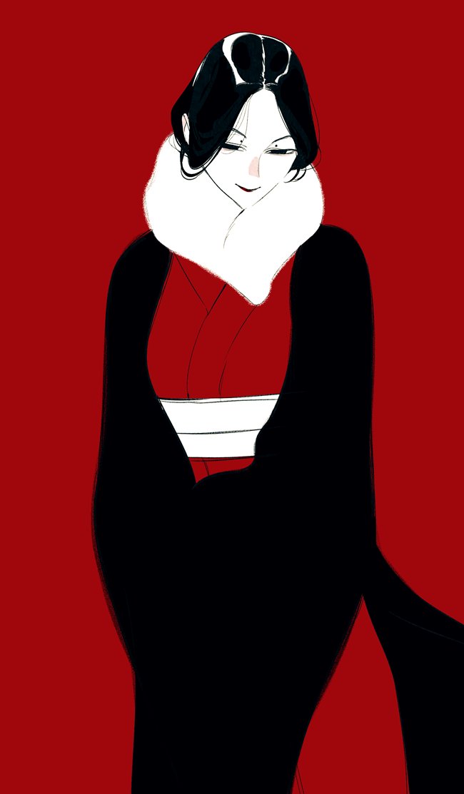 1girl, black_coat, black_eyes, black_hair, closed_mouth, coat, cowboy_shot, dungeon_meshi