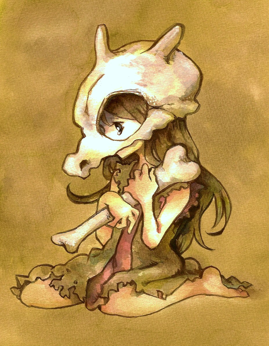 1girl, barefoot, bone, brown_hair, caveman, cubone, female_focus, gen_1_pokemon