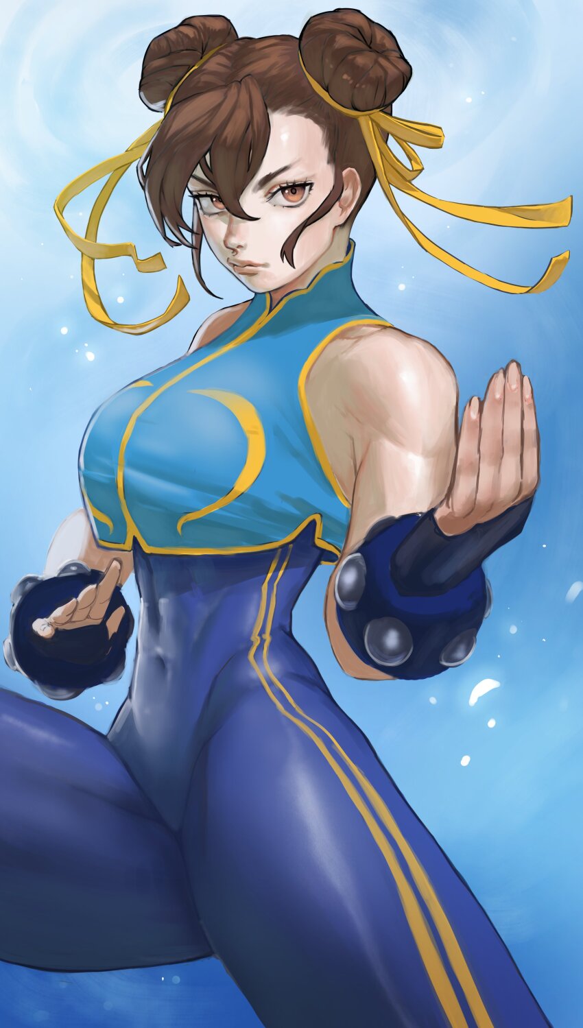 1girl, absurdres, annie_lyce, bare_shoulders, breasts, brown_eyes, brown_hair, capcom, chun-li, closed_mouth, covered_navel, double_bun, fighting_stance, hair_between_eyes, hair_bun, hair_ribbon, highres, large_breasts, lips, looking_at_viewer, medium_breasts, ribbon, serious, short_hair, skin_tight, solo, spiked_gauntlets, street_fighter, street_fighter_zero_(series)