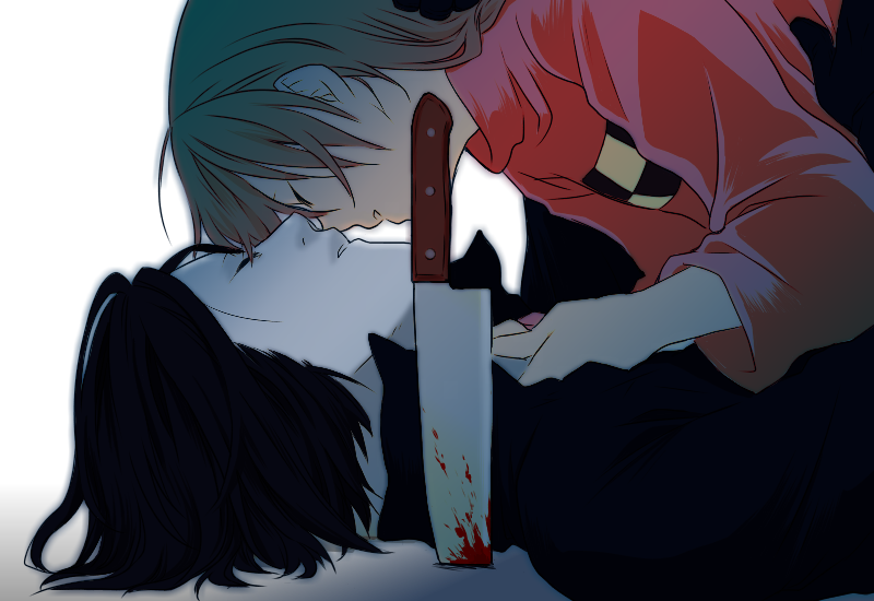 1boy, 1girl, blood, bloody_knife, blouse, colored_skin, couple, from_side, hetero, imminent_kiss, kitchen_knife, knife, madotsuki, pink_shirt, popped_collar, sekomumasada_sensei, shirt, strangling, white_background, yamazaki_kore, yume_nikki