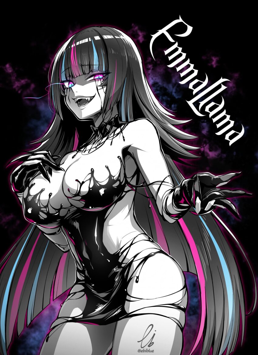 1girl, armpits, black_eyes, blue_eyes, blue_hair, blunt_bangs, breasts, claws, commission, covered_erect_nipples, covered_navel, ebiblue, emma_llama, gesugao, high_collar, highres, indie_virtual_youtuber, latex, liquid_clothes, medium_breasts, multicolored_hair, pink_eyes, pink_hair, pixiv_commission, sharp_teeth, sidelocks, skindentation, smile, streaked_hair, teeth, thighs, virtual_youtuber