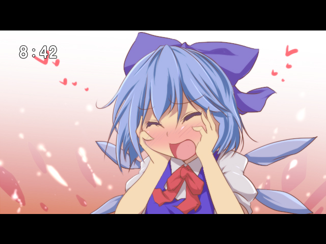 1girl, ^_^, aki_(akikaze_asparagus), autumn_(artist), blue_hair, blush, cirno, clock