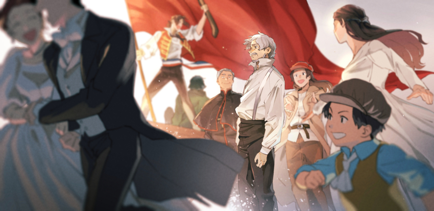 3girls, 6+boys, belt, bishop_myrei, black_hair, black_pants, blurry, blurry_foreground, brown_headwear, character_request, check_character, enjolras, eponine, gasparde_(one_piece), gavroche_(les_miserables), grey_hair, gun, hat, highres, holding, holding_gun, holding_weapon, jean_valjean, les_miserables, marius_(les_miserables), multiple_boys, multiple_girls, pants, shirt, suspenders, t_k_g, weapon, white_shirt