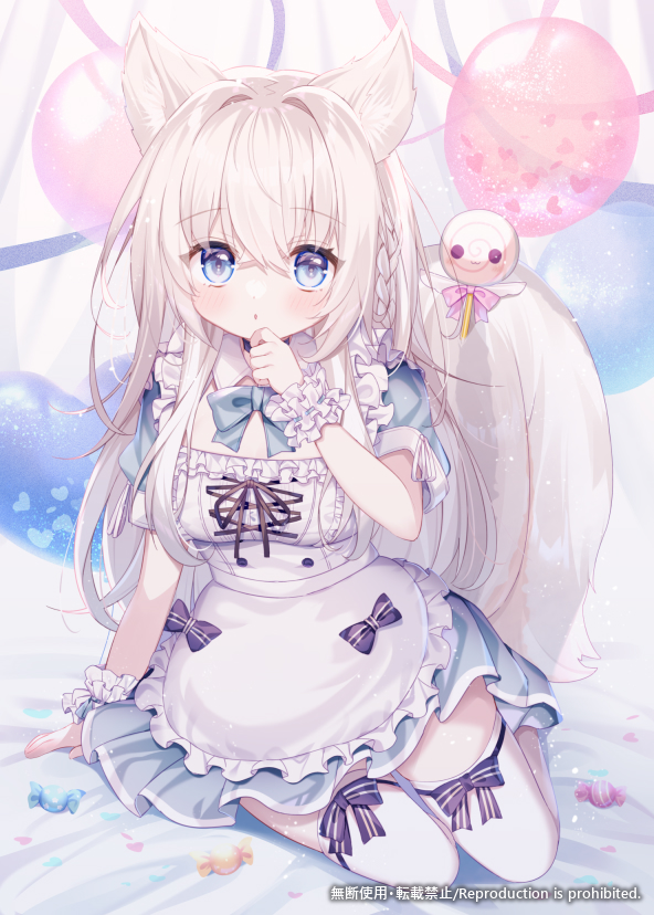 1girl, :o, animal_ears, balloon, blue_bow, blue_bowtie, blue_eyes, blush, bow, bowtie, d_omm, dress, frilled_wristband, indie_virtual_youtuber, long_hair, looking_at_viewer, mashiro_ruru, parted_lips, short_sleeves, sitting, solo, tail, thighhighs, virtual_youtuber, watermark, white_dress, white_hair, white_thighhighs, yokozuwari