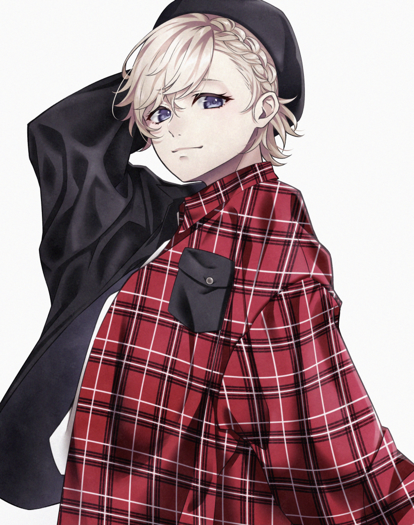1boy, absurdres, androgynous, aoppella, ayase_mitsuo, cape, closed_mouth, hat, highres, jacket, long_sleeves, looking_at_viewer, male_focus, pink_hair, plaid_clothes, plaid_jacket, purple_eyes, smile, solo, trap, white_background, yukineko329