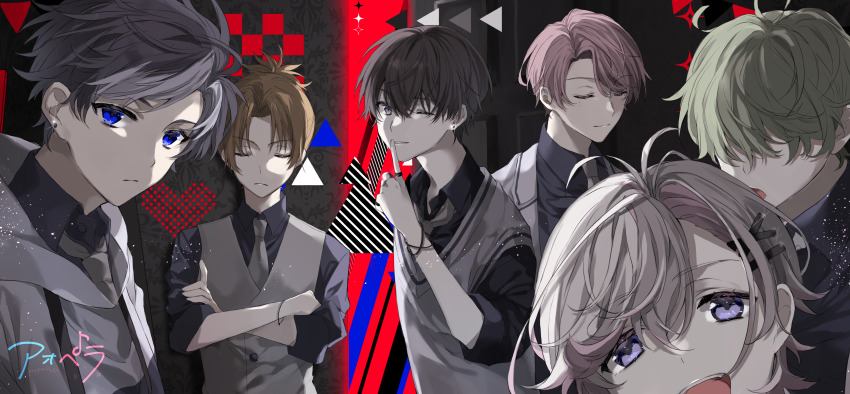 6+boys, absurdres, aoppella, ayase_mitsuo, black_eyes, black_hair, blue_eyes, brown_eyes