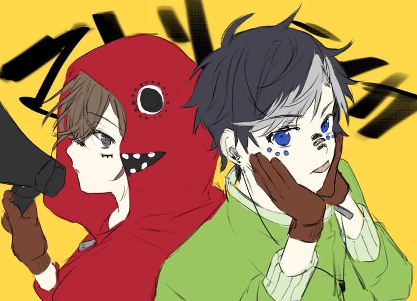 aoppella, black_hair, blue_eyes, brown_eyes, brown_hair, coresawa_maito, gloves, highres, hood, hood_up, long_sleeves, looking_at_viewer, male_focus, matryoshka_(vocaloid), multicolored_hair, rua_(4dd7e3_l), short_hair, suzumiya_hajime, tongue, tongue_out, vocaloid, white_hair, yellow_background