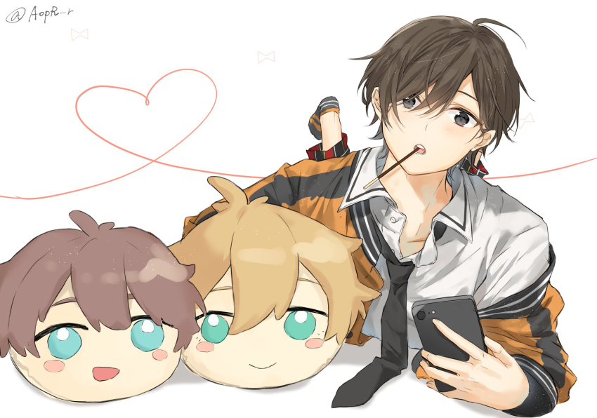 3boys, aoppella, aqua_eyes, black_eyes, blonde_hair, brown_hair, cellphone, food, food_in_mouth, heart, highres, hood, hood_down, hoodie, kariyazono_michitaka, looking_at_viewer, multiple_boys, orange_hoodie, phone, pocky, pocky_in_mouth, rua_(4dd7e3_l), shihou_luka, short_hair, smartphone, string, string_of_fate, stuffed_toy, suzumiya_hajime, white_background