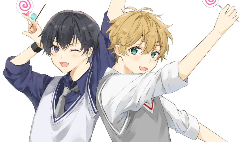 2boys, absurdres, aoppella, aqua_eyes, black_hair, blonde_hair, blue_shirt, blush