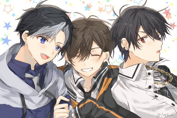 3boys, aoppella, black_hair, blue_eyes, brown_hair, closed_eyes, coresawa_maito, facing_to_the_side