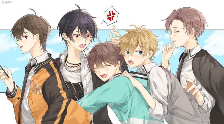 5boys, aoppella, aqua_eyes, black_hair, blonde_hair, blue_background, blush, border