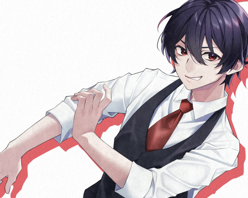 1boy, aoppella, black_hair, black_vest, collared_shirt, highres, looking_at_viewer, male_focus