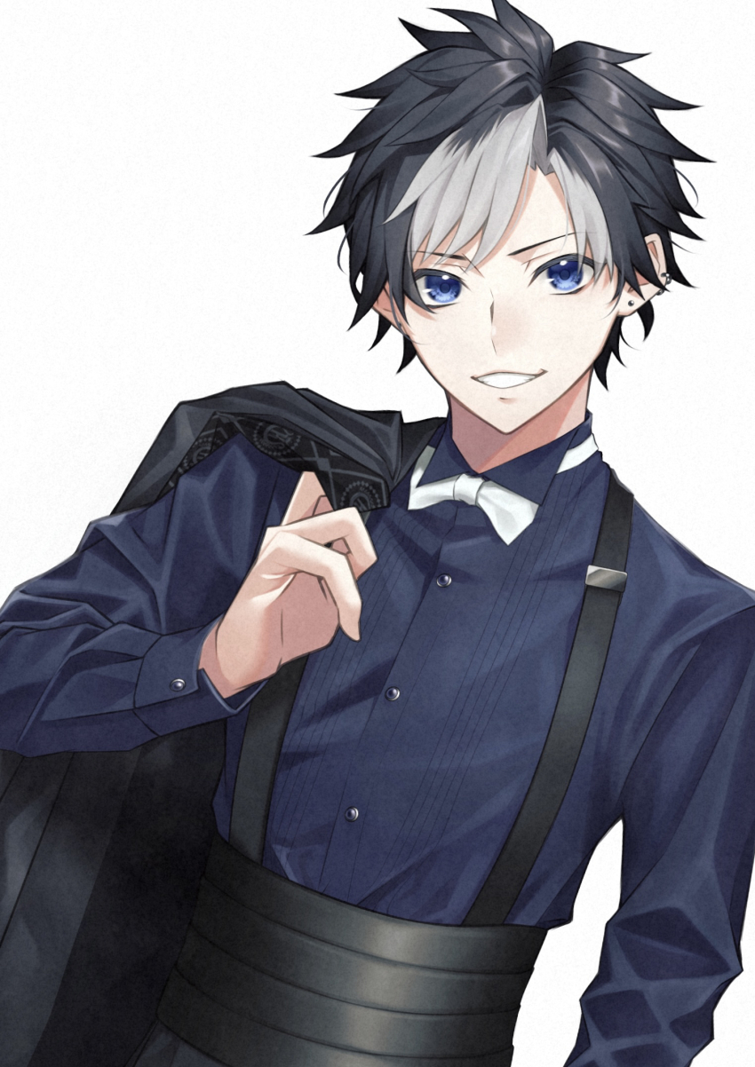 1boy, aoppella, black_hair, blue_eyes, blue_shirt, coresawa_maito, corset, formal_clothes