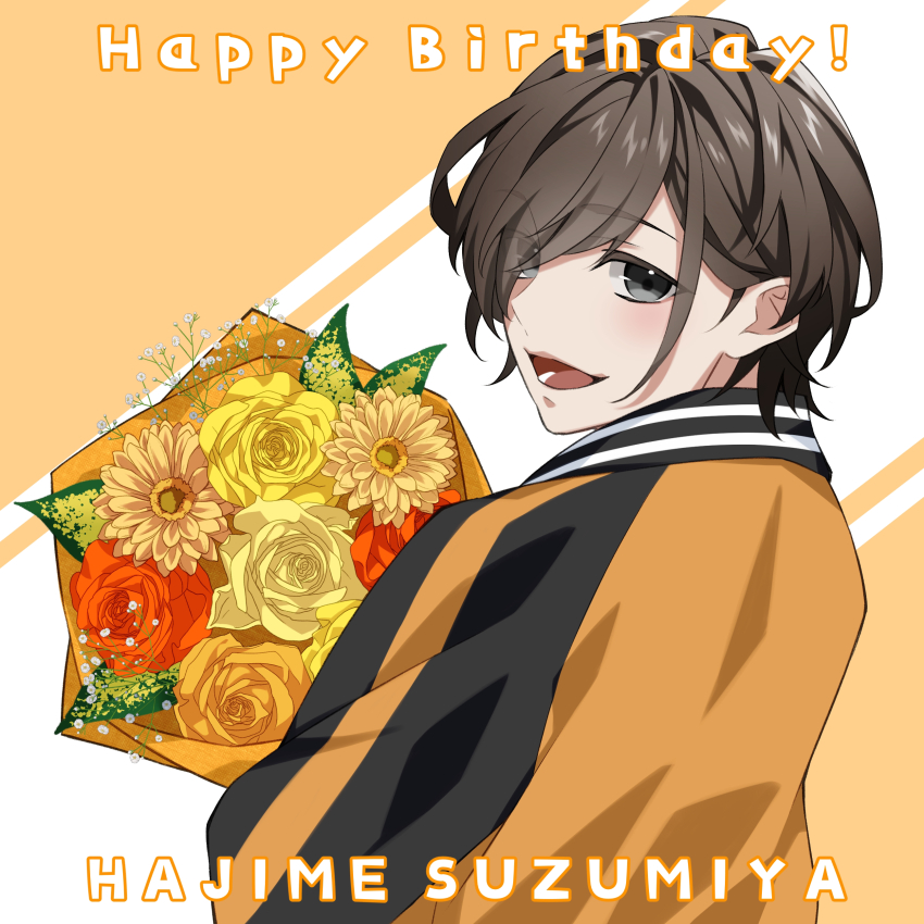 1boy, absurdres, aoppella, baby's-breath, black_eyes, black_jacket, bouquet, brown_hair