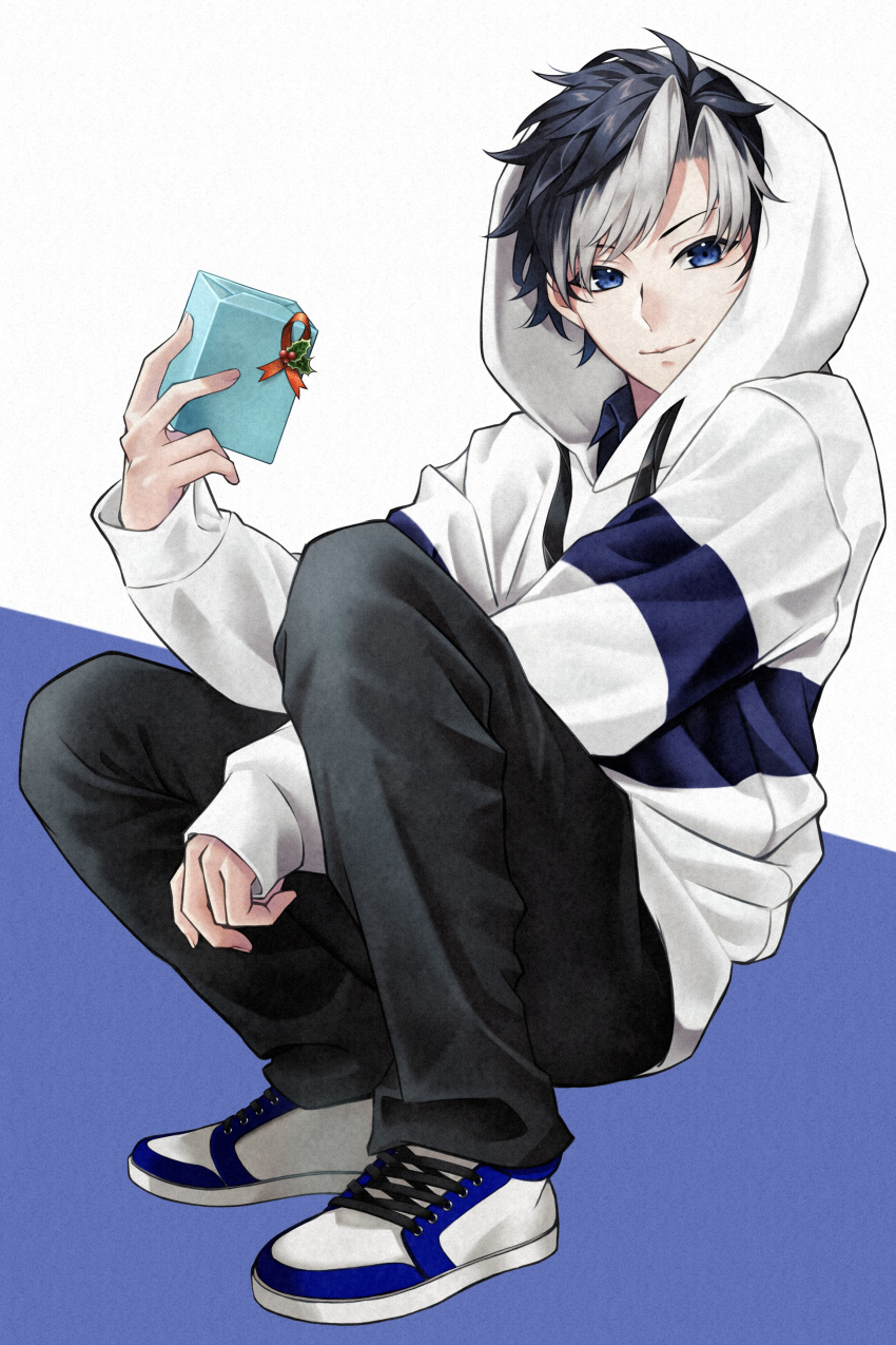 1boy, absurdres, aoppella, black_hair, blue_background, blue_eyes, coresawa_maito, highres