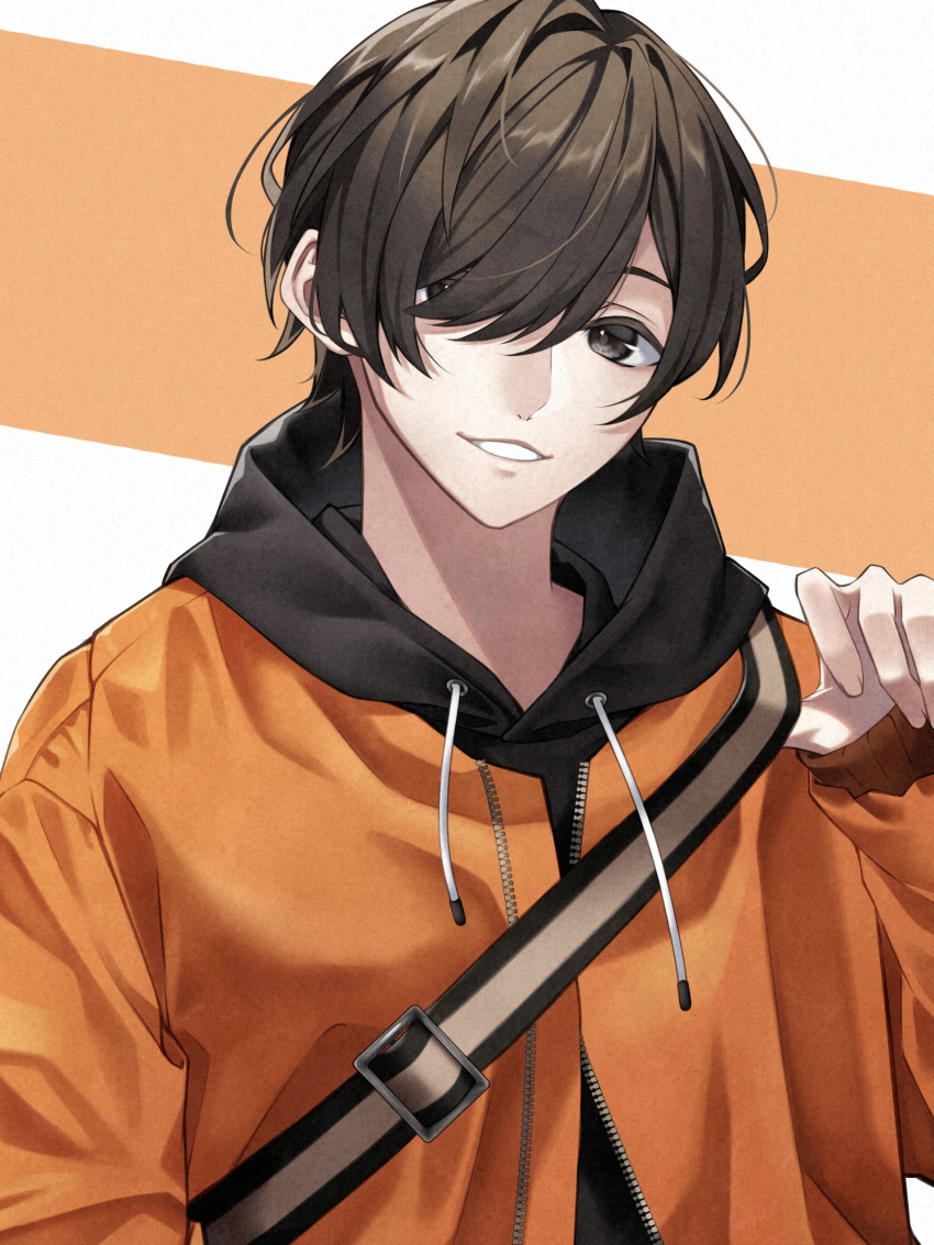 1boy, absurdres, aoppella, brown_eyes, brown_hair, highres, hood, hood_down