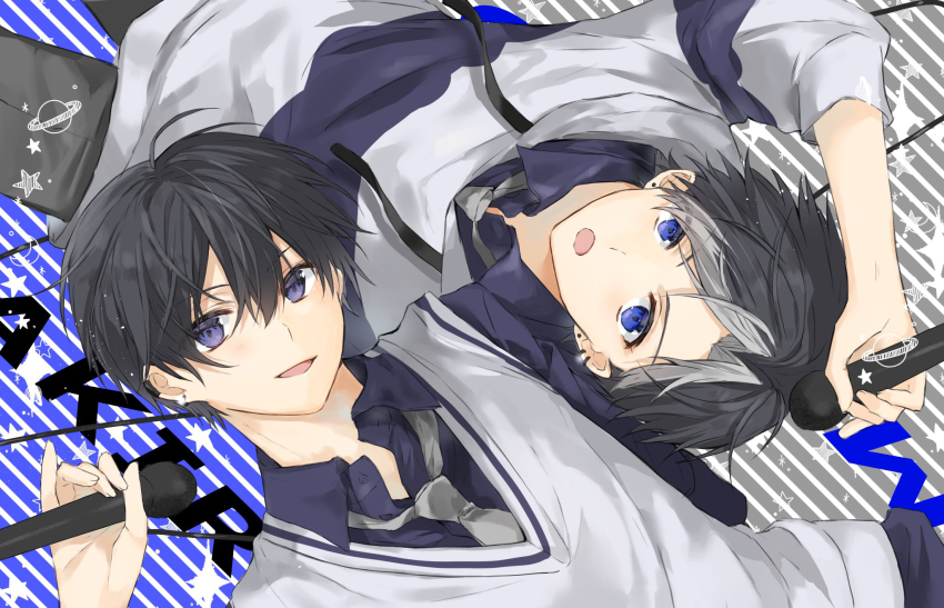 2boys, aoppella, black_hair, blue_background, blue_eyes, collared_shirt, coresawa_maito, highres