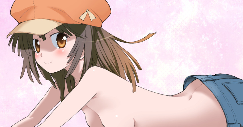 1girl, ass, bare_back, blue_pants, blush, breasts, brown_eyes, brown_hair, butt_crack, closed_mouth, commentary, denim, dimples_of_venus, downpants, from_side, hair_between_eyes, hat, jeans, kikumaru_bunta, looking_at_viewer, looking_to_the_side, lying, medium_hair, meek_nadeko, monogatari_(series), newsboy_cap, on_stomach, orange_hat, out-of-frame_censoring, outstretched_arms, pants, pink_background, sengoku_nadeko, shaded_face, small_breasts, smile, solo, topless_female