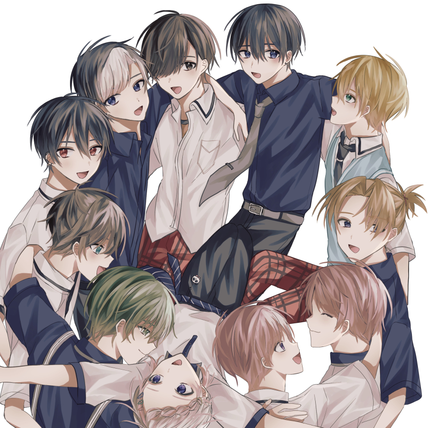 6+boys, androgynous, aoppella, aqua_eyes, ayase_mitsuo, bad_id, bad_pixiv_id, black_hair