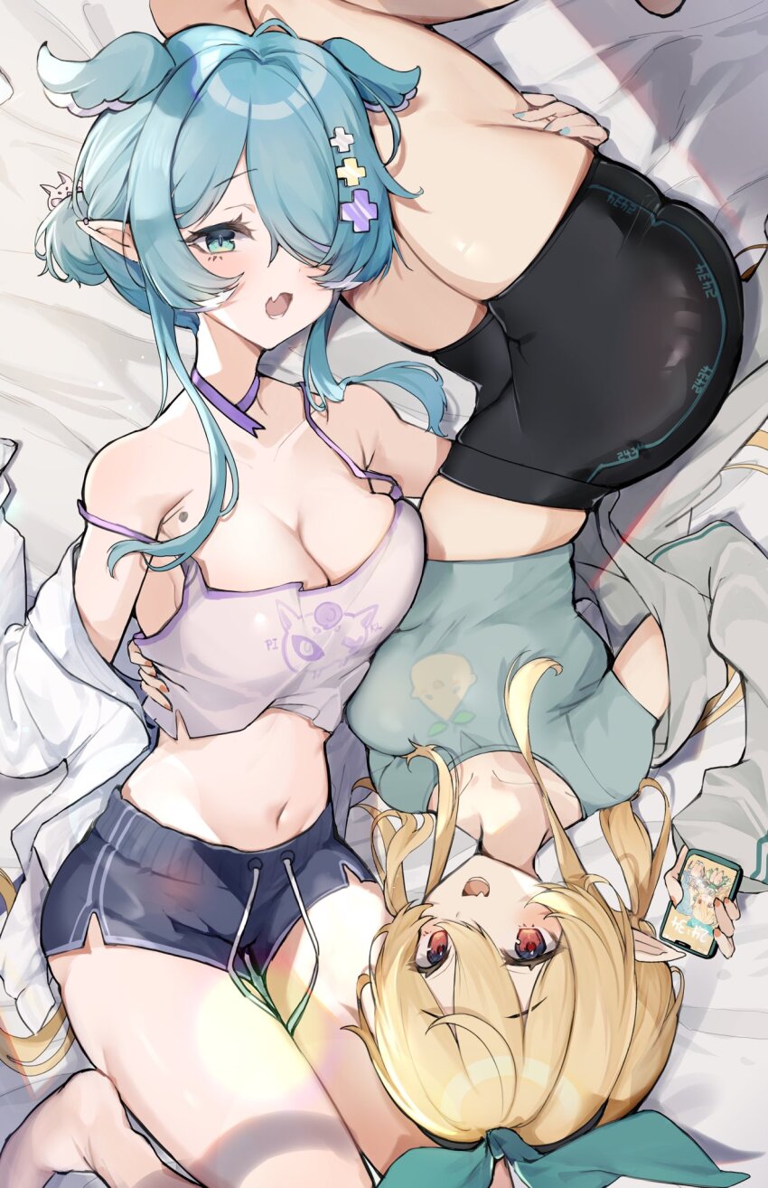 2girls, alternate_costume, aqua_eyes, asymmetrical_docking, bare_legs, bare_shoulders, bike_shorts, black_shorts, blonde_hair, blue_hair, blush, breast_press, breasts, camisole, casual, cellphone, choker, cleavage, collarbone, cowboy_shot, crop_top, dolphin_shorts, elira_pendora, fang, green_shirt, hair_between_eyes, hair_bun, hair_over_one_eye, hair_up, head_wings, highres, large_breasts, lazulight, looking_at_viewer, lying, medium_breasts, midriff, mole, multiple_girls, navel, nijisanji, nijisanji_en, oimo_0imo, open_mouth, phone, pikl_(elira_pendora), pointy_ears, pomu_rainpuff, pomudachi_(pomu_rainpuff), print_shirt, red_eyes, ribbon_choker, shirt, short_shorts, shorts, sidelocks, skin_fang, smartphone, smile, thick_thighs, thigh_grab, thighs, tight_clothes, virtual_youtuber, wide_hips, wings