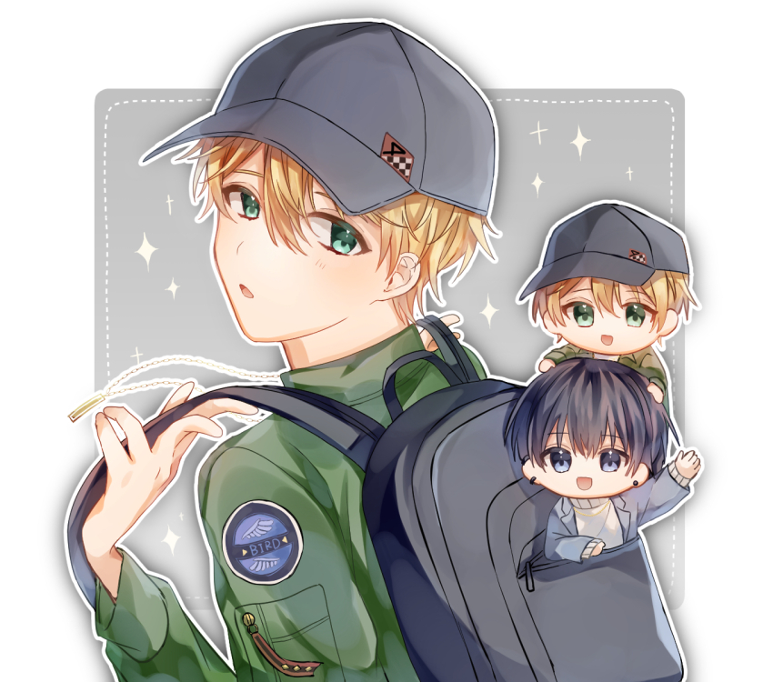 2boys, aoppella, aqua_eyes, bad_id, bad_pixiv_id, black_hair, blonde_hair, border