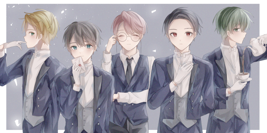 5boys, aoppella, bad_id, bad_pixiv_id, black_hair, blonde_hair, border, brown_hair