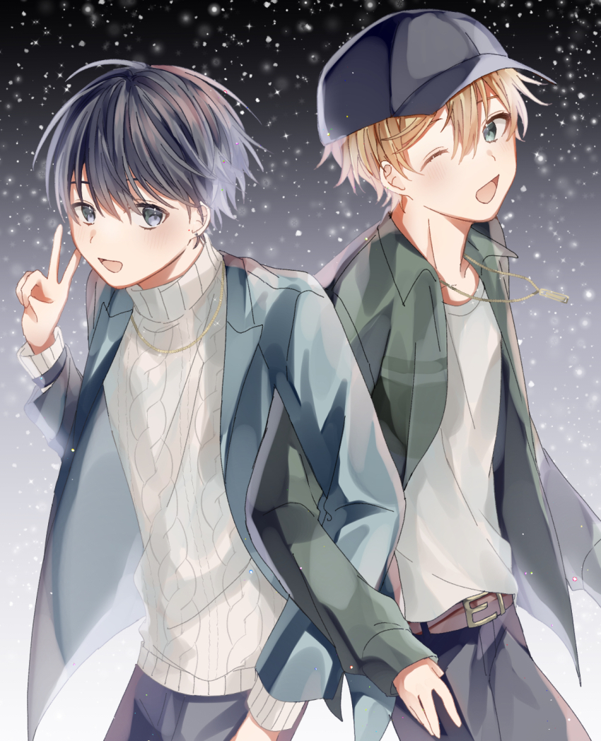 2boys, aoppella, aqua_eyes, bad_id, bad_pixiv_id, belt, black_hair, blonde_hair