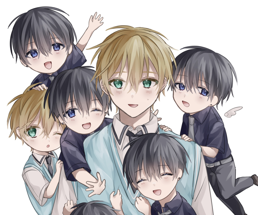 2boys, aoppella, aqua_eyes, bad_id, bad_pixiv_id, black_hair, blonde_hair, blush