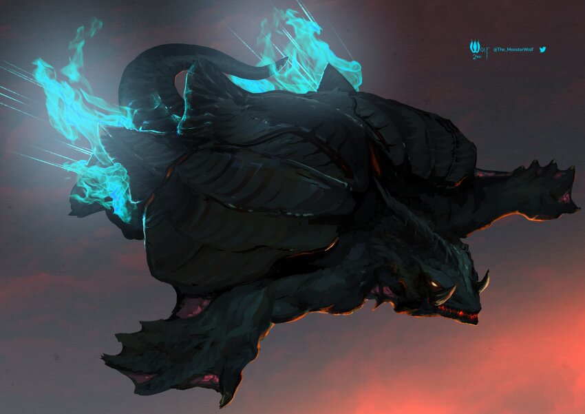 absurdres, blue_fire, blue_plasma, daiei_film, daiei_motion_picture, embers, epic, fire, flippers, flying, gamera, gamera_(series), glowing, glowing_eyes, glowing_mouth, green_fire, green_plasma, highres, kadokawa, kaiju, monster_wolf, night, no_humans, no_pupils, orange_eyes, plasma, sea_monster, sharp_teeth, sky, smoke, tail, teeth, turtle, tusks, yellow_eyes