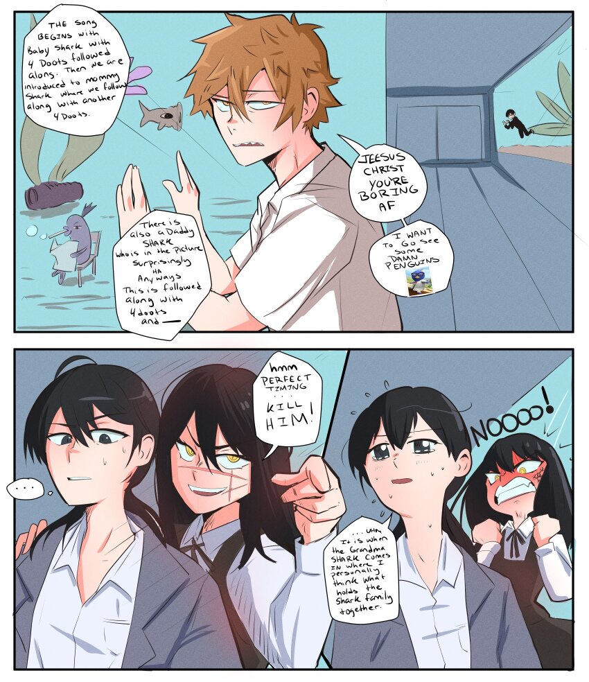 ..., 2boys, 2girls, angry, aquarium, black_hair, black_ribbon, blonde_hair, chainsaw_man, clenched_teeth, collared_shirt, comic, dating, denji_(chainsaw_man), dress, english_text, facial_scar, fangs, fish, fourth_east_high_school_uniform, gakuran, hair_between_eyes, highres, long_hair, looking_at_another, mitaka_asa, multiple_boys, multiple_girls, neck_ribbon, onac911, pablo_(backyardigans), pinafore_dress, pointing, pointing_at_viewer, ribbon, scar, scar_on_cheek, scar_on_face, school_uniform, shirt, short_hair, sleeveless, sleeveless_dress, speech_bubble, submerged, teeth, the_backyardigans, underwater, white_shirt, yellow_eyes, yoru_(chainsaw_man), yoshida_hirofumi