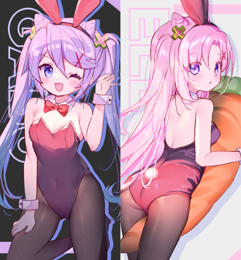 2girls, :o, ;d, animal_ears, ass, bare_back, black_leotard, black_pantyhose, bow, bowtie, breasts, collar, cone_hair_bun, covered_navel, d_omm, detached_collar, double_bun, fake_animal_ears, fang, female_focus, hair_between_eyes, hair_bun, hair_ornament, leotard, loli, looking_at_viewer, looking_back, multiple_girls, one_eye_closed, open_mouth, original, pantyhose, pink_hair, playboy_bunny, purple_eyes, purple_hair, rabbit_ears, rabbit_pose, rabbit_tail, red_bow, red_bowtie, siblings, small_breasts, smile, strapless, strapless_leotard, tail, twins, twintails, two_side_up, white_collar, white_wrist_cuffs, wrist_cuffs, x_hair_ornament