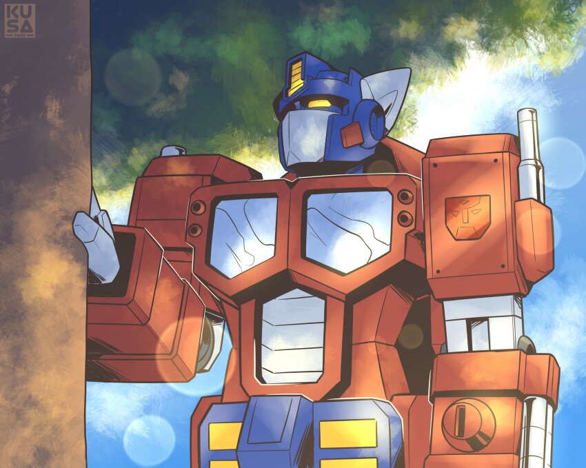 absurdres, artist_name, autobot, commentary, english_commentary, highres, kusa_(kusakichan15), lens_flare, looking_up, mecha, no_humans, optimus_prime, robot, science_fiction, sky, solo, transformers, transformers:_armada, transformers_unicron_trilogy, tree, upper_body