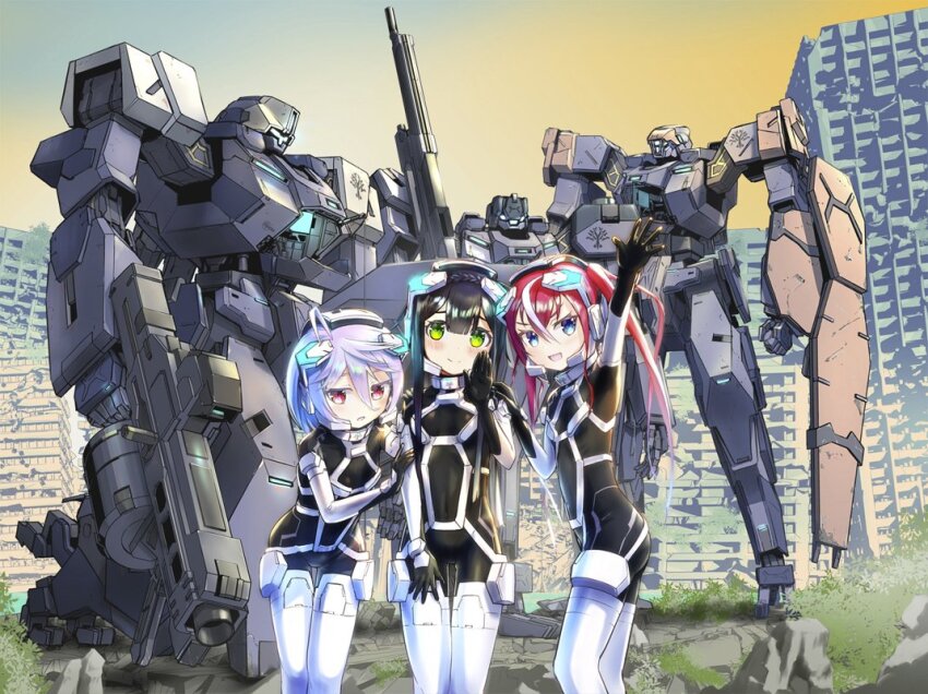 3girls, assault_visor, black_bodysuit, black_gloves, black_hair, blue_eyes, bodysuit, cable