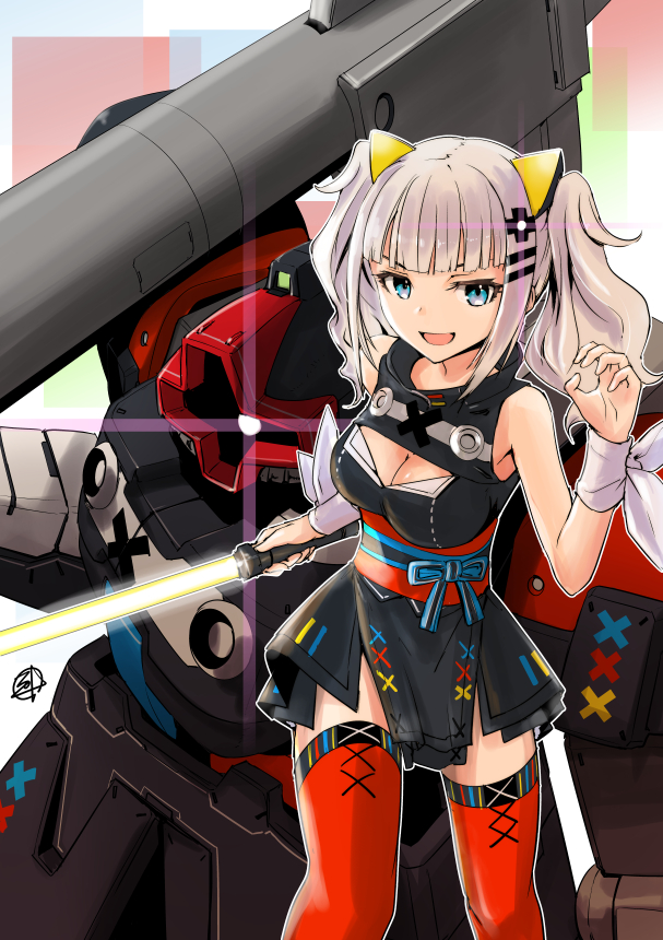 1girl, bazooka_(gundam), black_dress, blue_eyes, breasts, cleavage, cleavage_cutout, clothing_cutout