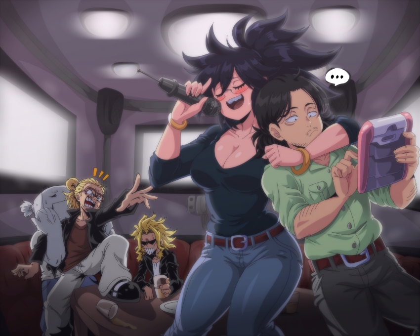 ..., 1girl, 3boys, aizawa_shota, angry, arm_hair, belt, black_hair, blush, boku_no_hero_academia, bracelet, breasts, brown_shirt, cementoss, character_request, cleavage, closed_eyes, couch, cup, denim, drink, facial_hair, glasses, green_shirt, grey_pants, highres, holding, holding_microphone, indoors, jacket, jeans, jewelry, karaoke, large_breasts, leather, leather_jacket, lewdamone, microphone, midnight_(boku_no_hero_academia), multiple_boys, music, mustache, open_mouth, pants, plate, ponytail, present_mic, shirt, singing, sitting, smile, speech_bubble, spoken_ellipsis, table, teacher, white_shirt, yagi_toshinori