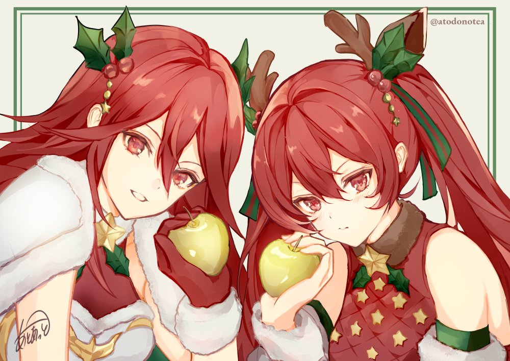2girls, apple, atoatto, bare_shoulders, cordelia_(fire_emblem), cordelia_(winter)_(fire_emblem), detached_sleeves, fake_antlers