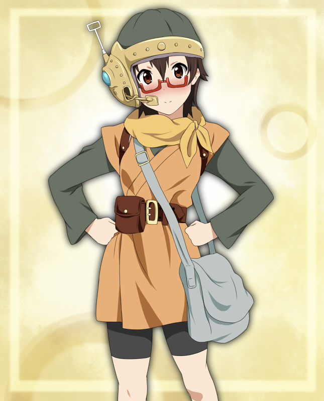 1girl, ascot, bag, belt, bike_shorts, brown_eyes, brown_hair, chrono_(series), chrono_trigger, cosplay, female_focus, glasses, helmet, ikari_manatsu, k-on!, lucca_ashtear, lucca_ashtear_(cosplay), manabe_nodoka, red-framed_eyewear, semi-rimless_eyewear, short_hair, solo, under-rim_eyewear