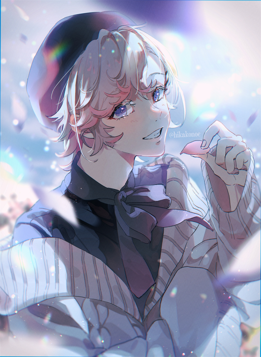 1boy, absurdres, androgynous, aoppella, ayase_mitsuo, black_shirt, blush, cherry_blossoms