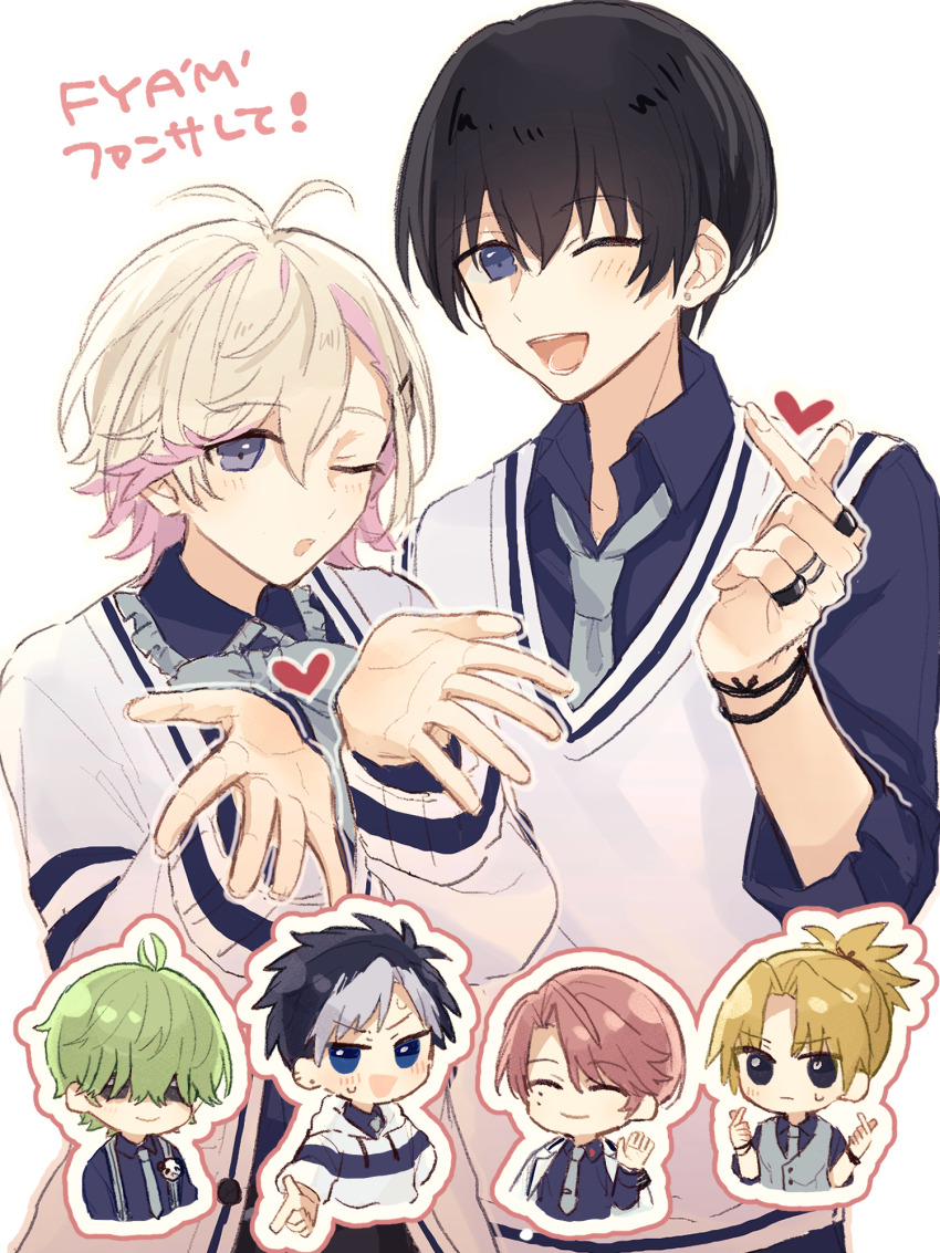6+boys, androgynous, aoppella, ayase_mitsuo, black_eyes, black_hair, blonde_hair, blue_eyes
