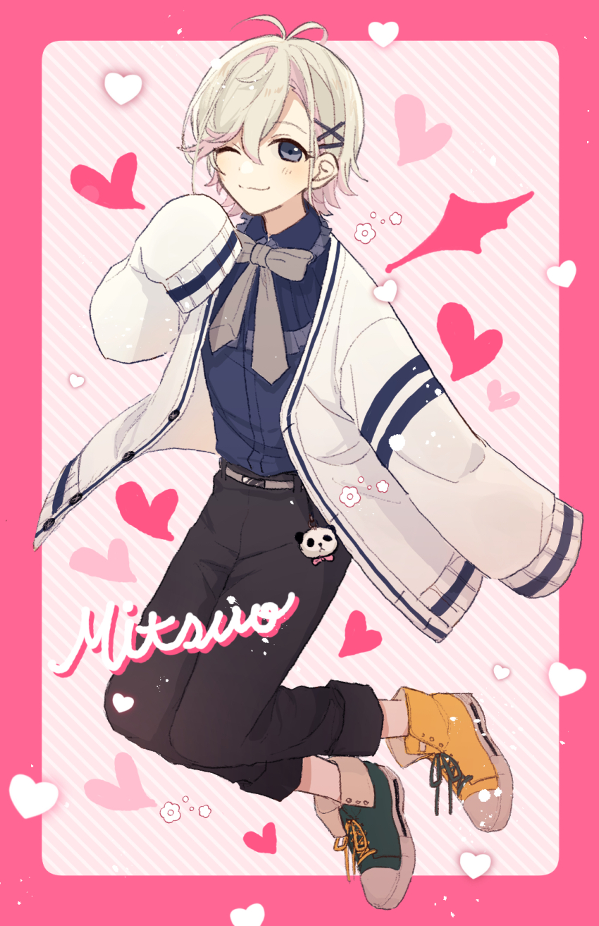 1boy, aoppella, ayase_mitsuo, blush, character_name, demon_boy, demon_wings, full_body, grey_hair, highres, looking_at_viewer, male_focus, multicolored_hair, one_eye_closed, pink_background, pink_hair, pink_theme, purple_eyes, solo, uota_(plus_3-do-c), wings