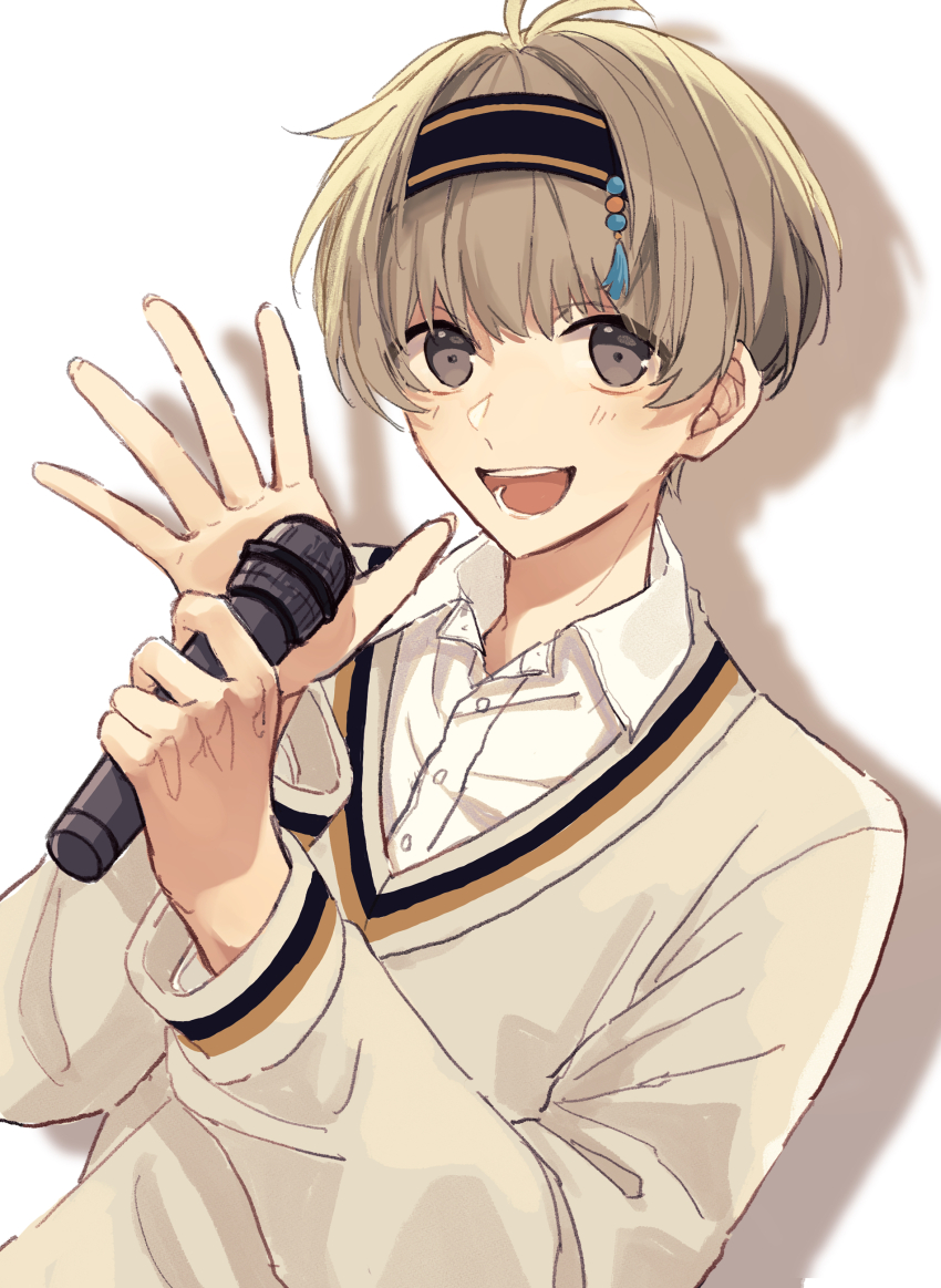 1boy, absurdres, aoppella, blush, brown_eyes, brown_sweater, collared_shirt, highres