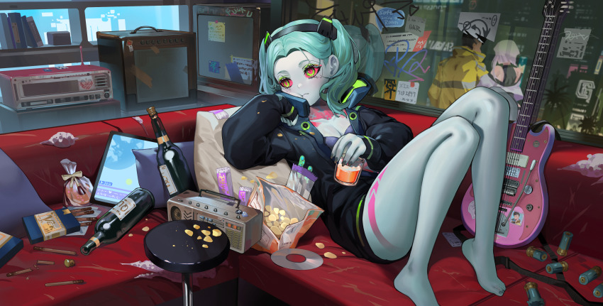 1boy, 2girls, absurdres, amplifier, bare_legs, barefoot, black_bra, black_jacket