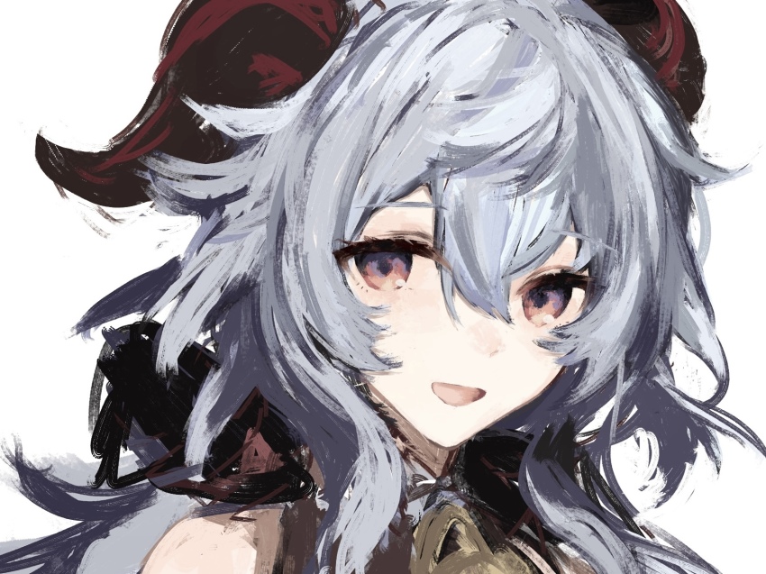 00_gx4, 1girl, :d, bad_id, bad_pixiv_id, bell, blue_hair, commentary_request, cowbell, ganyu_(genshin_impact), genshin_impact, goat_horns, hair_between_eyes, highres, horns, long_hair, looking_at_viewer, medium_request, neck_bell, open_mouth, painting_(medium), portrait, red_horns, sidelocks, simple_background, smile, solo, traditional_media, white_background