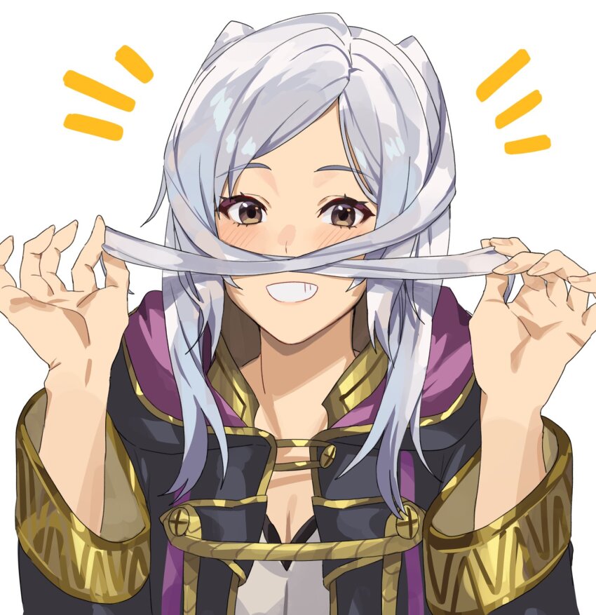 1girl, blush, breasts, brown_eyes, cleavage, fake_facial_hair, fake_mustache, female_robin_(fire_emblem), fire_emblem, fire_emblem_awakening, grin, hair_mustache, highres, hood, kamu_(kamuuei), long_hair, long_sleeves, looking_at_viewer, nintendo, playing_with_hair, playing_with_own_hair, robe, small_breasts, smile, solo, twintails, upper_body, white_hair