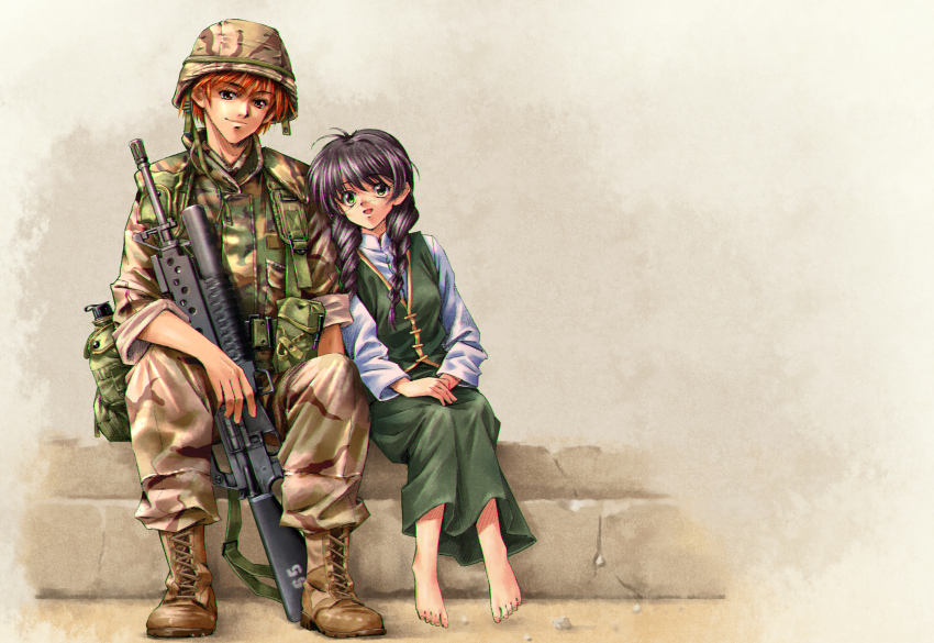 1boy, 1girl, :d, ahoge, ammunition_pouch, arm_at_side, assault_rifle, barefoot, belt, boots, braid, brown_eyes, brown_footwear, brown_hair, camouflage, camouflage_jacket, canteen, chinstrap, collared_shirt, combat_boots, combat_helmet, commentary, desert_camouflage, full_body, green_belt, green_eyes, green_skirt, green_vest, grenade_launcher, grey_background, gun, gun_sling, hair_over_shoulder, height_difference, helmet, highres, holding, holding_gun, holding_weapon, jacket, jasmine_(rewrite), load_bearing_vest, long_hair, long_sleeves, longmei_er_de_tuzi, looking_at_viewer, m16, m16a1, m203, military, military_combat_uniform, military_uniform, multicolored_headwear, multicolored_jacket, multicolored_pants, negative_space, open_mouth, orange_hair, own_hands_together, pants, parted_lips, pasgt_helmet, pocket, pouch, purple_hair, rewrite, rifle, shirt, short_hair, short_sleeves, sitting, skirt, skirt_set, sleeves_rolled_up, smile, soldier, tennouji_kotarou, twin_braids, underbarrel_grenade_launcher, utility_belt, vest, weapon, white_shirt, woodland_camouflage