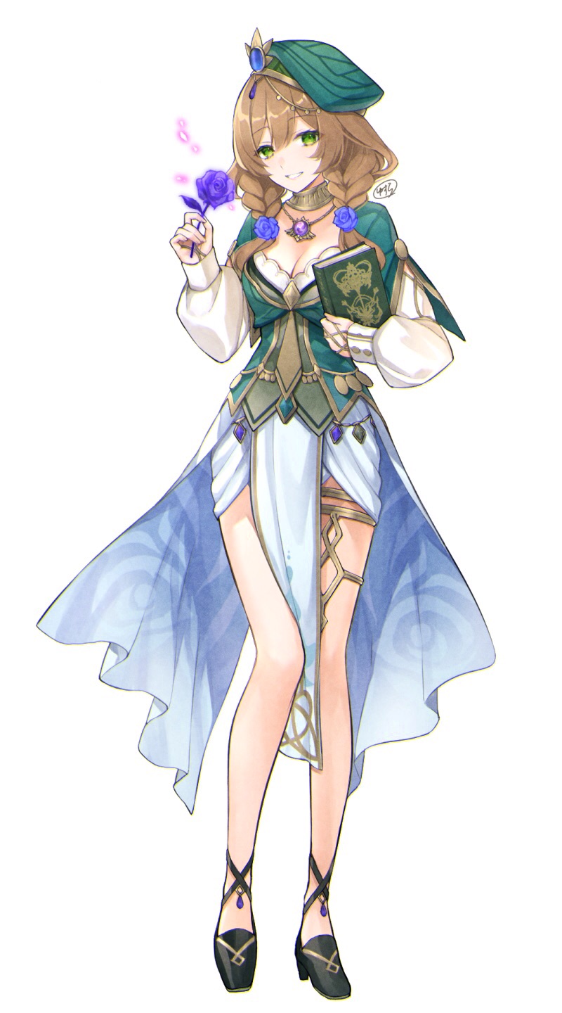 1girl, bare_legs, black_footwear, book, braid, breasts, brown_hair, cleavage, collar, commentary_request, flower, full_body, genshin_impact, green_eyes, hair_flower, hair_ornament, hands_up, high_heels, highres, holding, holding_book, holding_flower, lisa_(a_sobriquet_under_shade)_(genshin_impact), lisa_(genshin_impact), looking_at_viewer, medium_breasts, medium_hair, midori_(m_ryokutya), official_alternate_costume, parted_lips, pelvic_curtain, purple_flower, purple_rose, rose, signature, simple_background, smile, solo, standing, twin_braids, vision_(genshin_impact), white_background