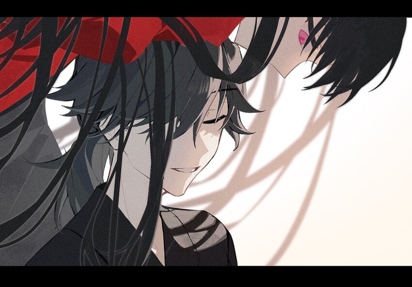 1boy, 1girl, black_hair, black_kimono, closed_eyes, covered_mouth, fate/grand_order, fate_(series)